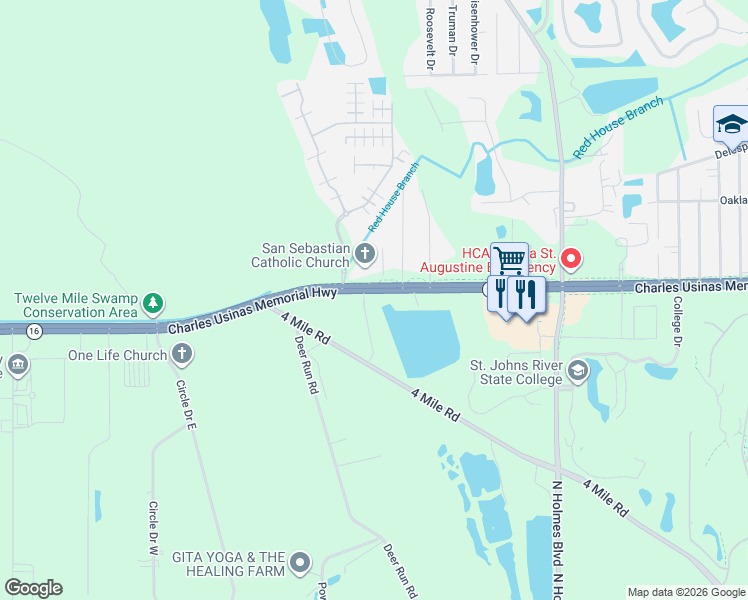 map of restaurants, bars, coffee shops, grocery stores, and more near 1125 Charles Usinas Memorial Highway in St. Augustine