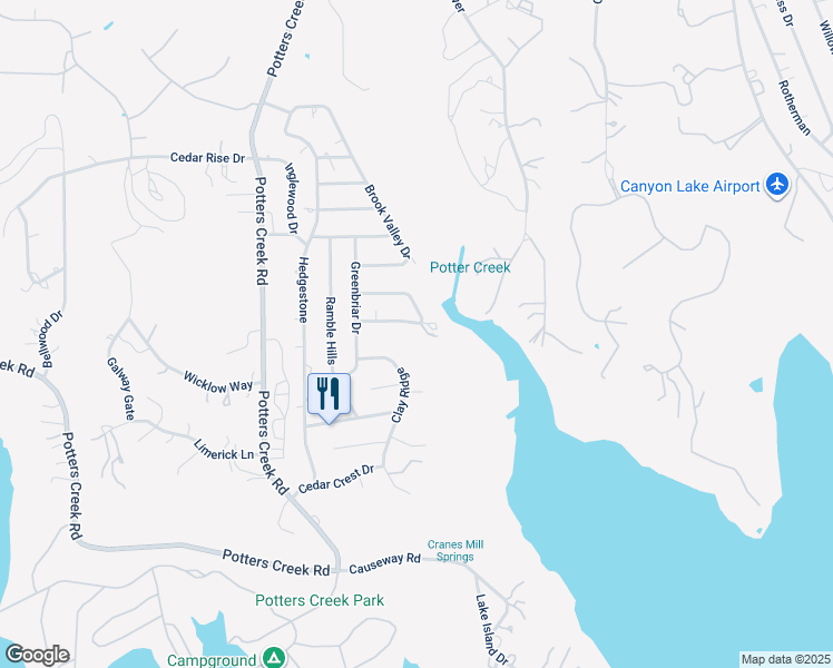 map of restaurants, bars, coffee shops, grocery stores, and more near 1443 Clearcreek Drive in Canyon Lake