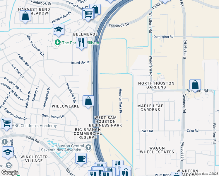 map of restaurants, bars, coffee shops, grocery stores, and more near Sam Houston Park Drive in Houston