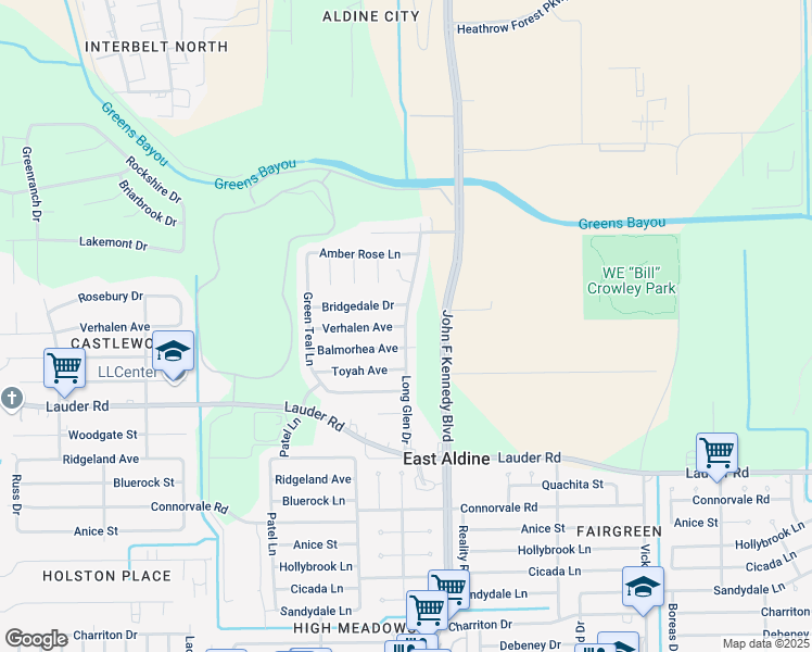 map of restaurants, bars, coffee shops, grocery stores, and more near Verhalen Avenue in Houston