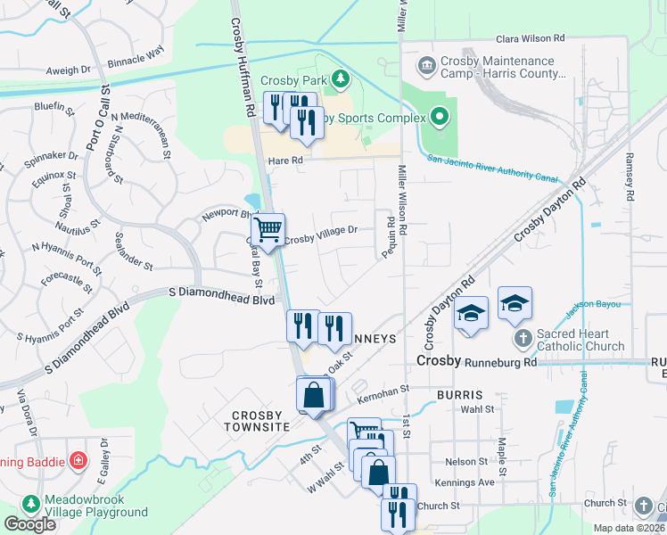 map of restaurants, bars, coffee shops, grocery stores, and more near 6111 Coleus Street in Crosby