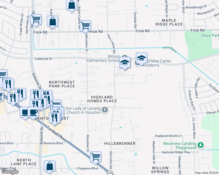 map of restaurants, bars, coffee shops, grocery stores, and more near 12619 Ann Louise Road in Houston
