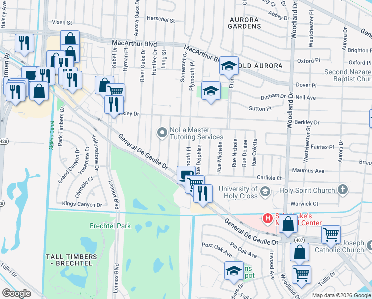 map of restaurants, bars, coffee shops, grocery stores, and more near 3621 Plymouth Place in New Orleans