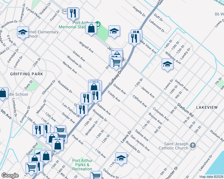 map of restaurants, bars, coffee shops, grocery stores, and more near 4500 Gulfway Drive in Port Arthur