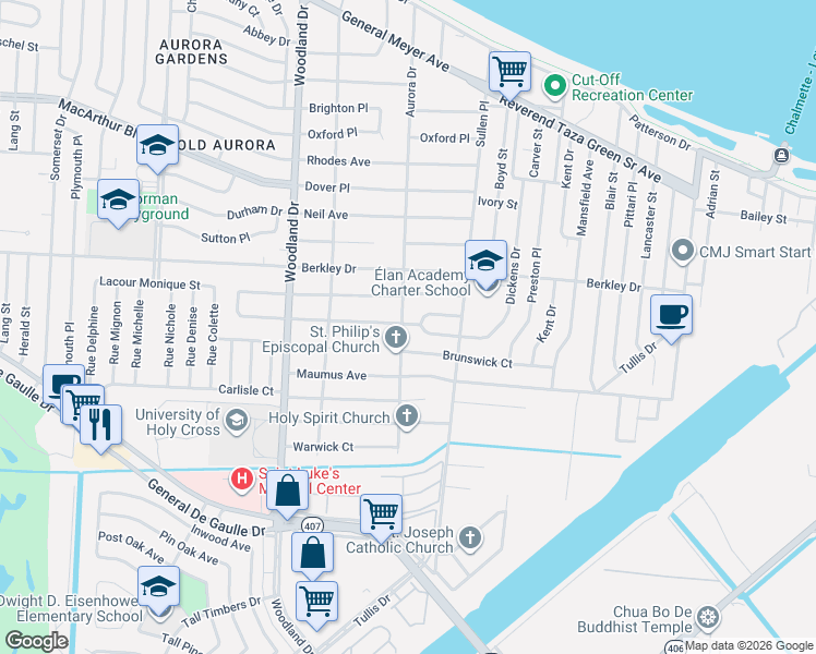 map of restaurants, bars, coffee shops, grocery stores, and more near 6210 Fairfax Place in New Orleans