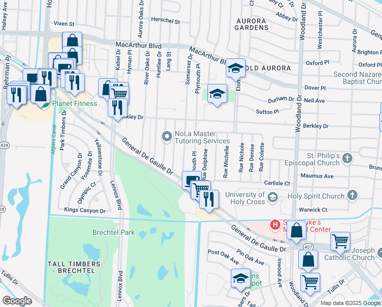 map of restaurants, bars, coffee shops, grocery stores, and more near 3621 Plymouth Place in New Orleans