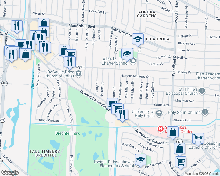 map of restaurants, bars, coffee shops, grocery stores, and more near 3621 Plymouth Place in New Orleans