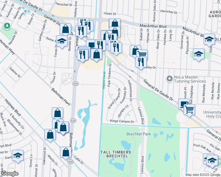 map of restaurants, bars, coffee shops, grocery stores, and more near 2 Grand Canyon Court in New Orleans