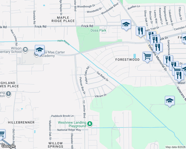 map of restaurants, bars, coffee shops, grocery stores, and more near 2603 Dylans Crossing Drive in Houston