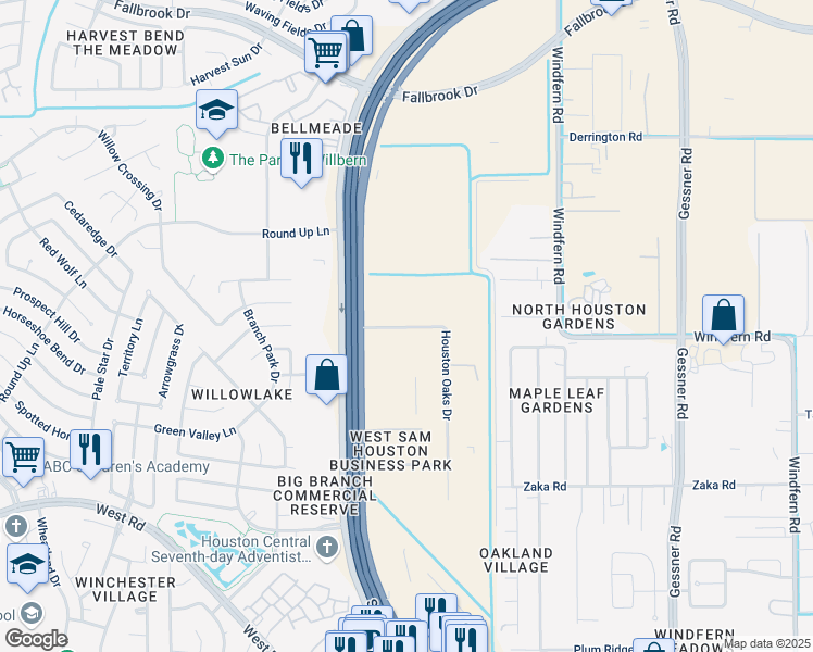 map of restaurants, bars, coffee shops, grocery stores, and more near 10344 Sam Houston Tollway in Houston
