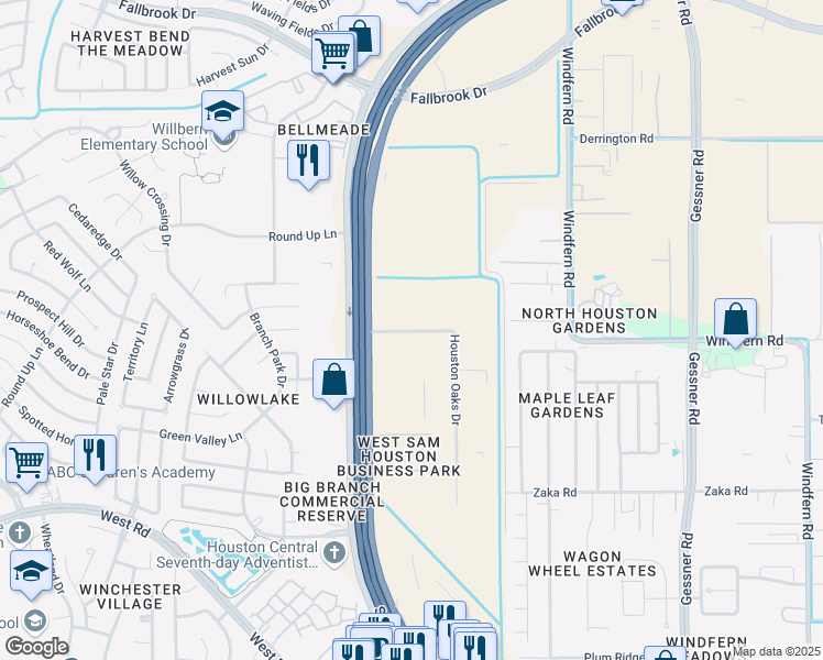map of restaurants, bars, coffee shops, grocery stores, and more near 10344 Sam Houston Tollway in Houston