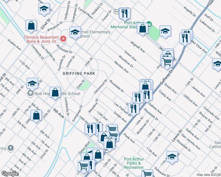 map of restaurants, bars, coffee shops, grocery stores, and more near 2040 Oak Avenue in Port Arthur