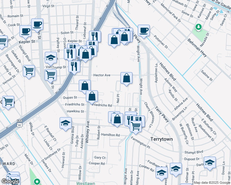 map of restaurants, bars, coffee shops, grocery stores, and more near 1 Nel Place in Terrytown
