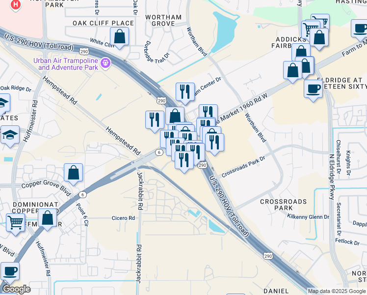map of restaurants, bars, coffee shops, grocery stores, and more near 13301 Farm to Market 1960 Road West in Houston