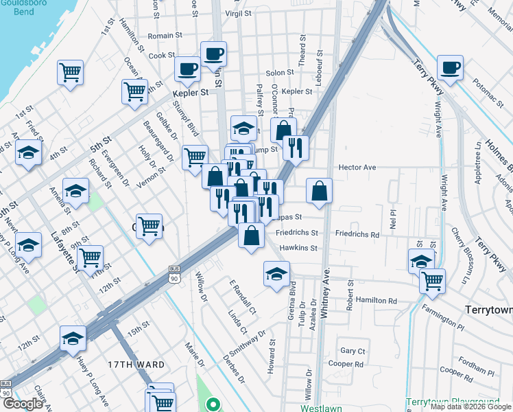 map of restaurants, bars, coffee shops, grocery stores, and more near 1011 Dupas Street in Gretna