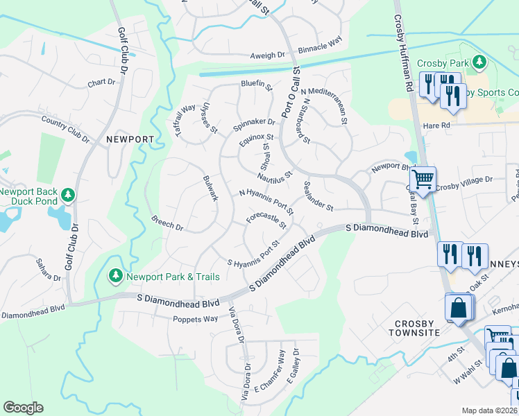 map of restaurants, bars, coffee shops, grocery stores, and more near 16106 Jack London Court in Crosby
