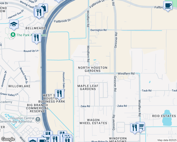 map of restaurants, bars, coffee shops, grocery stores, and more near Windfern Road in Houston