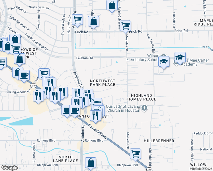 map of restaurants, bars, coffee shops, grocery stores, and more near 5931 Cascadera Drive in Houston