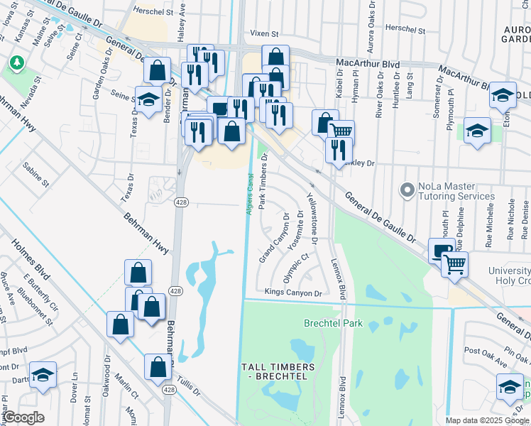 map of restaurants, bars, coffee shops, grocery stores, and more near 2 Grand Canyon Court in New Orleans