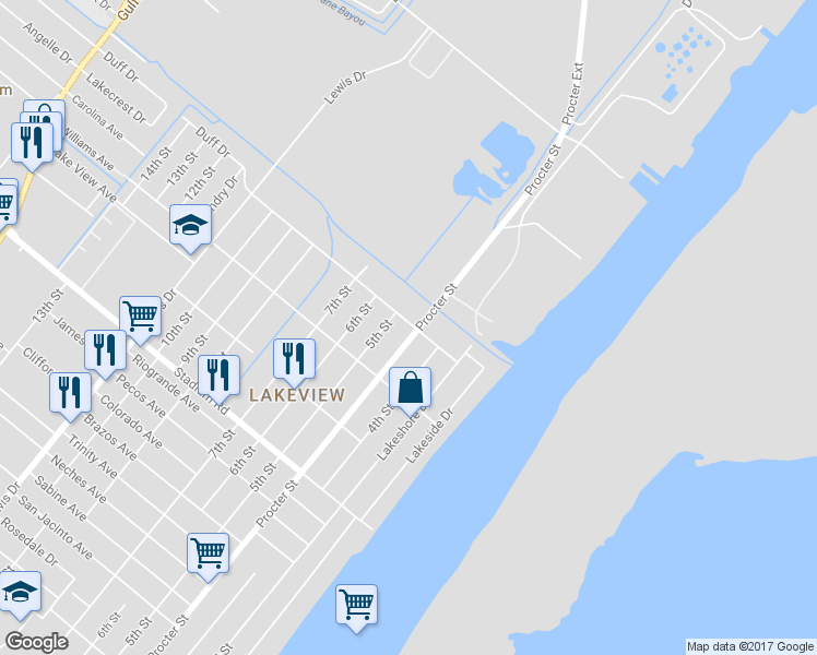 map of restaurants, bars, coffee shops, grocery stores, and more near 5251 Procter Street in Port Arthur