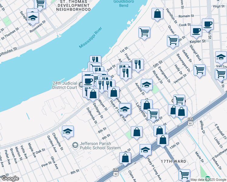 map of restaurants, bars, coffee shops, grocery stores, and more near 423 Newton Street in Gretna
