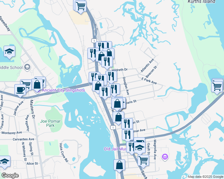 map of restaurants, bars, coffee shops, grocery stores, and more near 240 San Marco Avenue in St. Augustine
