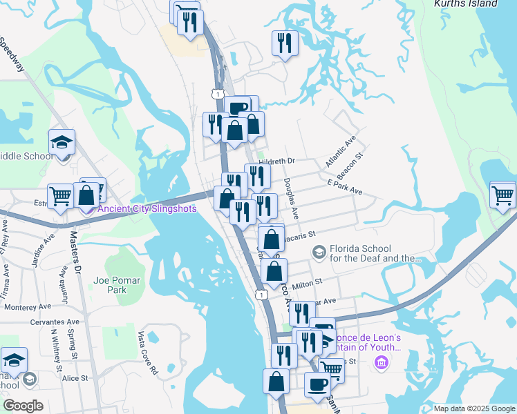 map of restaurants, bars, coffee shops, grocery stores, and more near 240 San Marco Avenue in St. Augustine
