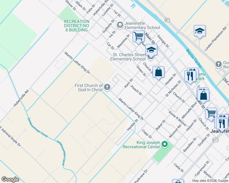 map of restaurants, bars, coffee shops, grocery stores, and more near 1904 Martin Luther King Drive in Jeanerette