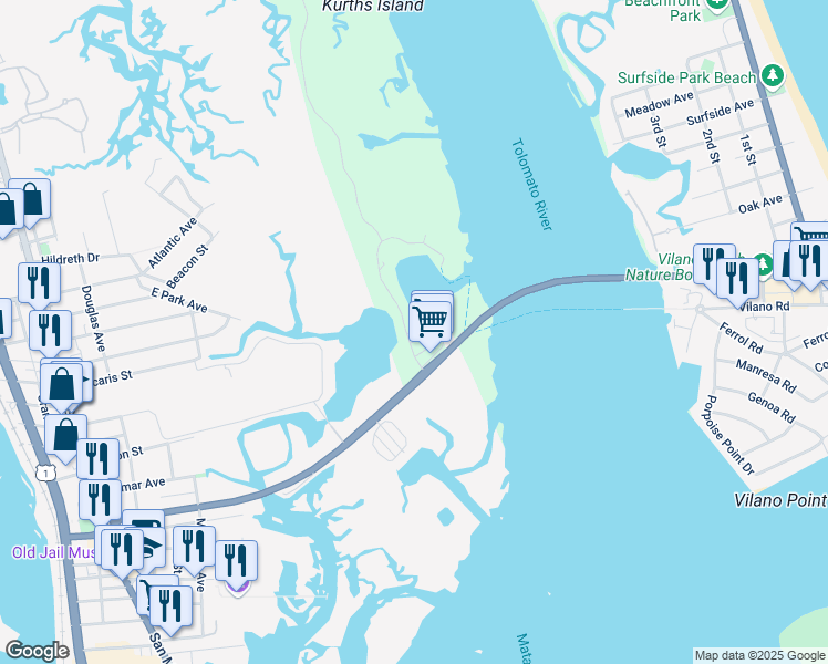 map of restaurants, bars, coffee shops, grocery stores, and more near 3105 Harbor Drive in St. Augustine