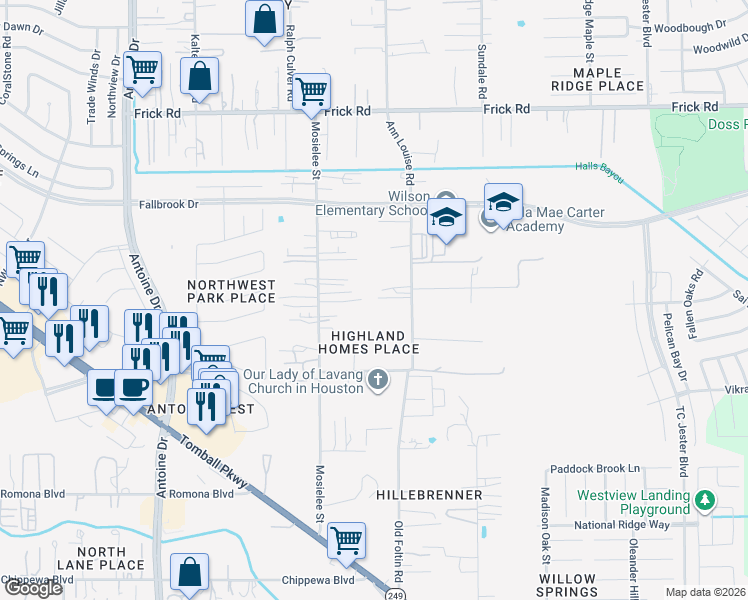 map of restaurants, bars, coffee shops, grocery stores, and more near 12619 Ann Louise Road in Houston