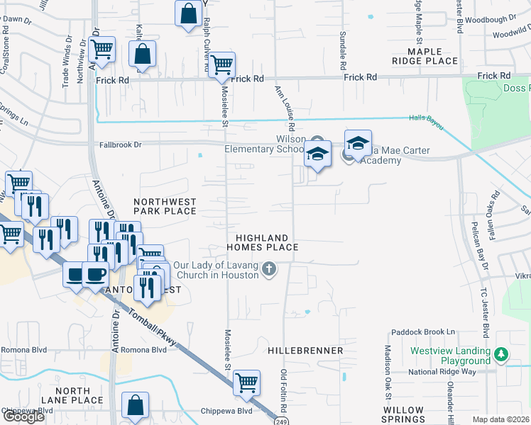 map of restaurants, bars, coffee shops, grocery stores, and more near 12619 Ann Louise Road in Houston