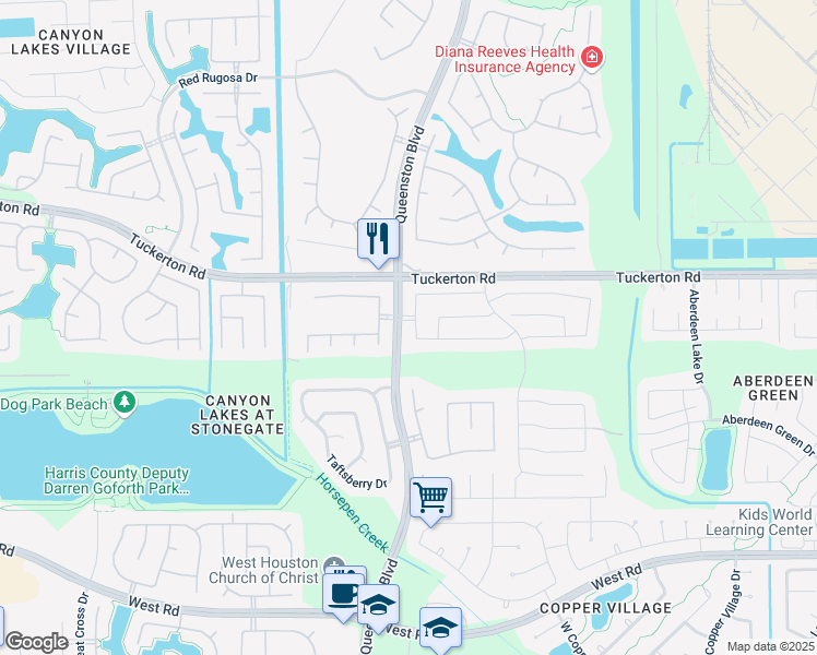 map of restaurants, bars, coffee shops, grocery stores, and more near 9626 Pine Bank Drive in Houston
