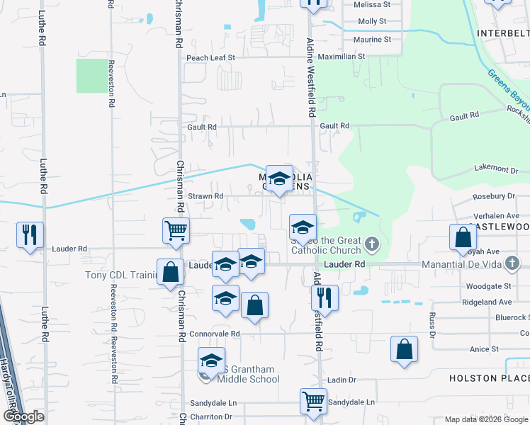 map of restaurants, bars, coffee shops, grocery stores, and more near 1732 Strawn Road in Houston