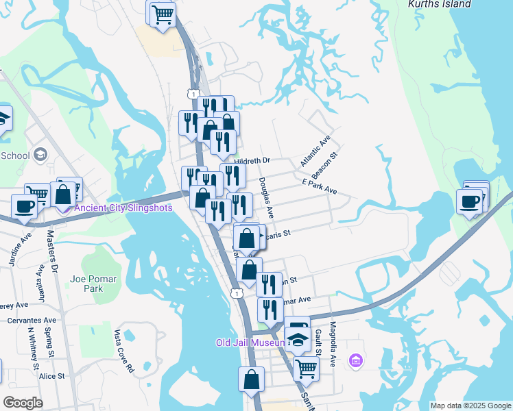 map of restaurants, bars, coffee shops, grocery stores, and more near 8 Bay View Drive in St. Augustine