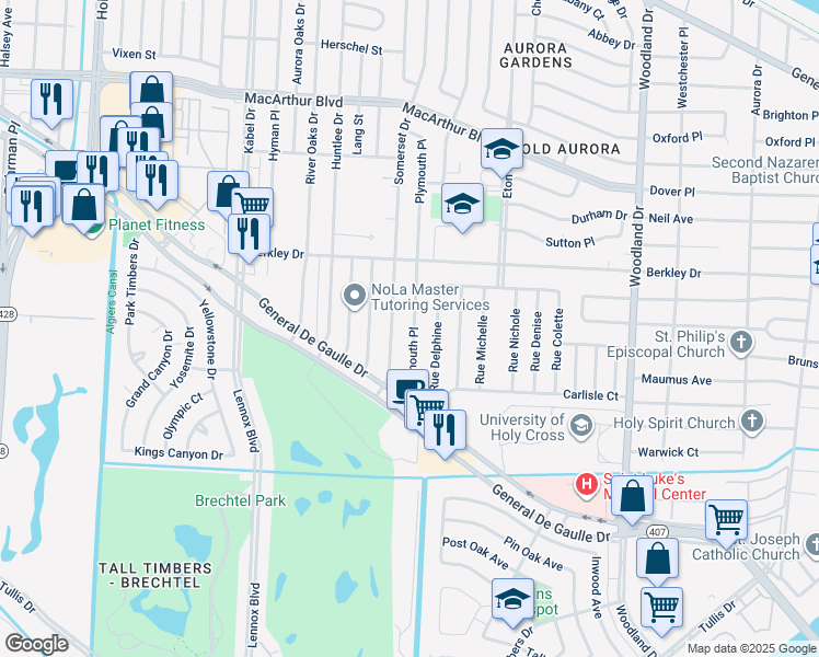map of restaurants, bars, coffee shops, grocery stores, and more near 3621 Plymouth Place in New Orleans