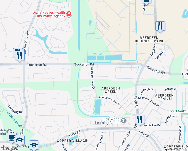 map of restaurants, bars, coffee shops, grocery stores, and more near 9202 Aberdeen Lake Drive in Houston