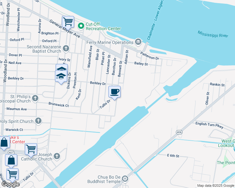 map of restaurants, bars, coffee shops, grocery stores, and more near 3580 Bennett Street in New Orleans