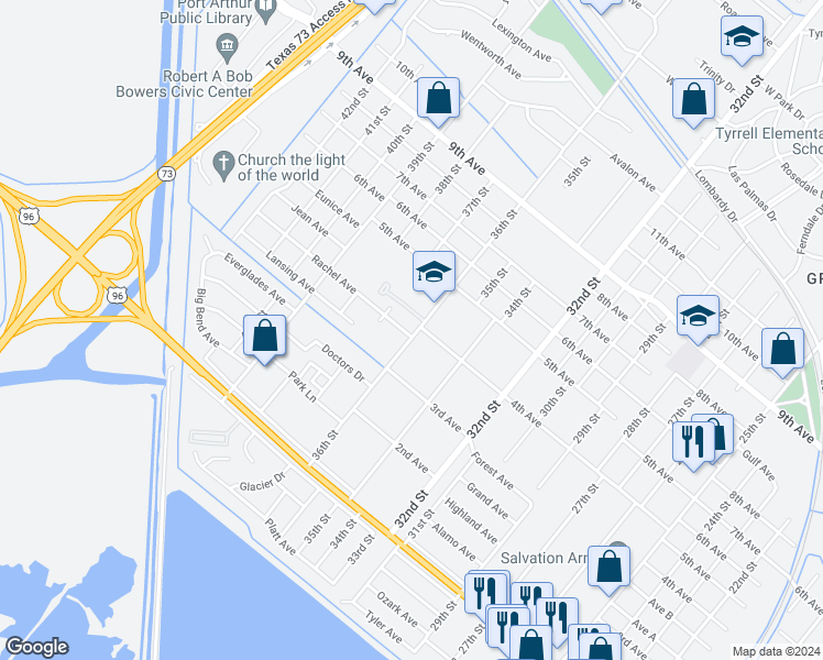 map of restaurants, bars, coffee shops, grocery stores, and more near 3700 Rachel Avenue in Port Arthur