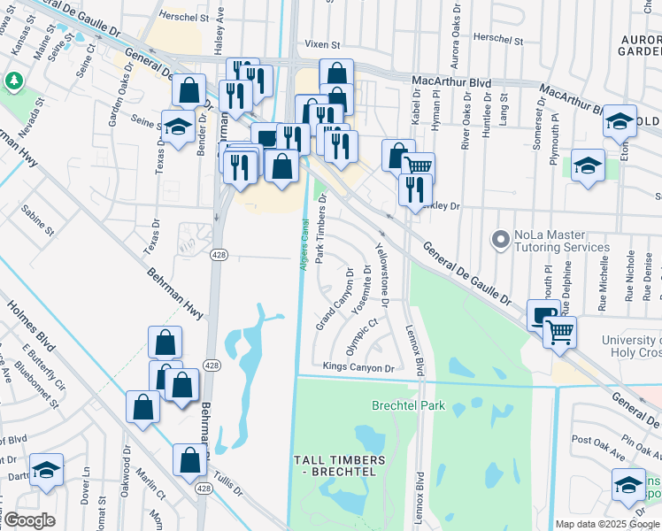 map of restaurants, bars, coffee shops, grocery stores, and more near 2 Grand Canyon Ct in New Orleans