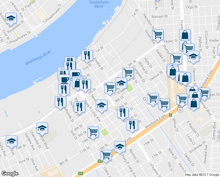 map of restaurants, bars, coffee shops, grocery stores, and more near 420 6th Street in Gretna