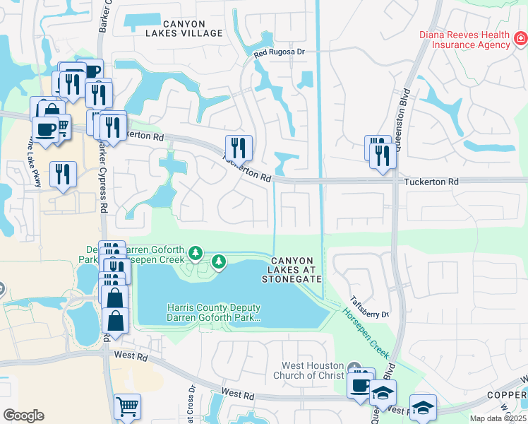 map of restaurants, bars, coffee shops, grocery stores, and more near 9710 Beckwood Post Drive in Houston