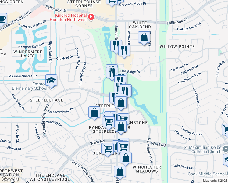 map of restaurants, bars, coffee shops, grocery stores, and more near 9801 Jones Road in Houston