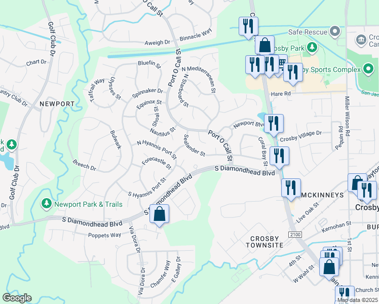 map of restaurants, bars, coffee shops, grocery stores, and more near 427 Sealander Street in Crosby