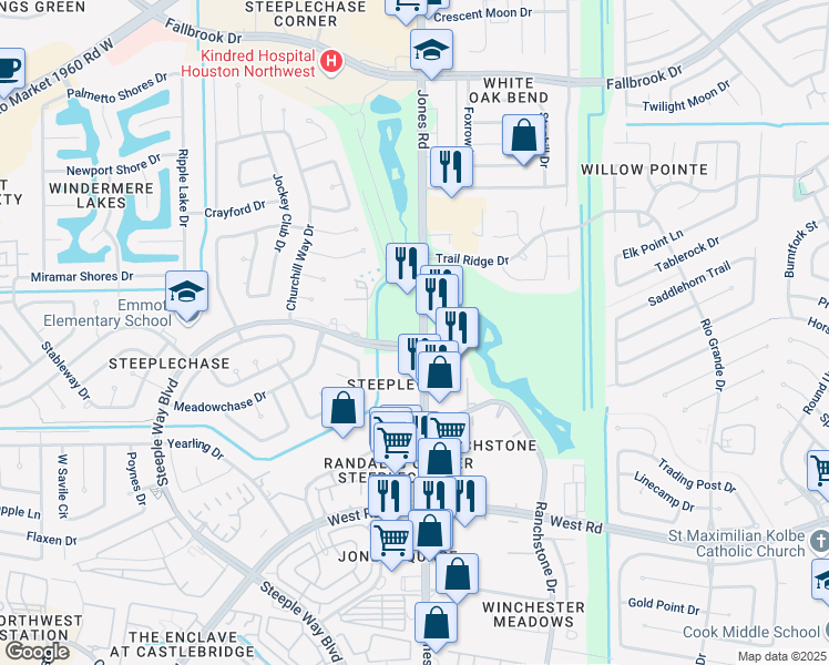 map of restaurants, bars, coffee shops, grocery stores, and more near 9801 Jones Road in Houston