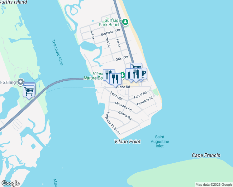 map of restaurants, bars, coffee shops, grocery stores, and more near 140 Ferrol Road in St. Augustine