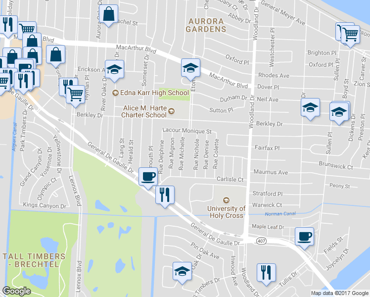 map of restaurants, bars, coffee shops, grocery stores, and more near 3600 Rue Michelle in New Orleans