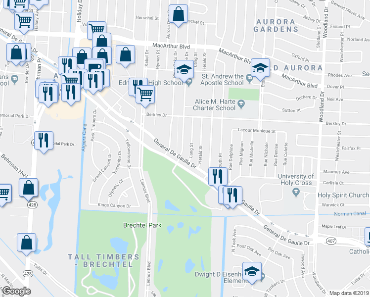 map of restaurants, bars, coffee shops, grocery stores, and more near 3720 Huntlee Dr in New Orleans