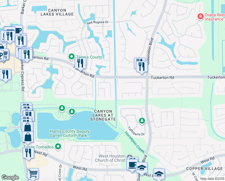 map of restaurants, bars, coffee shops, grocery stores, and more near 9734 Wheaton Edge Lane in Houston