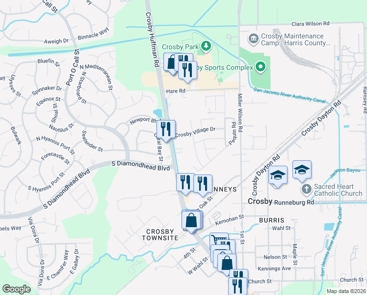 map of restaurants, bars, coffee shops, grocery stores, and more near 6123 Lovage Avenue in Crosby