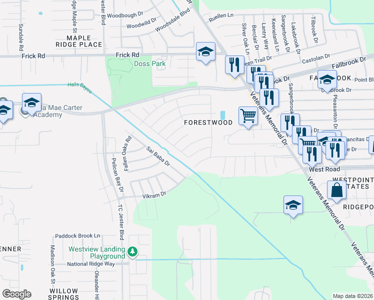 map of restaurants, bars, coffee shops, grocery stores, and more near 2314 Denridge Drive in Houston